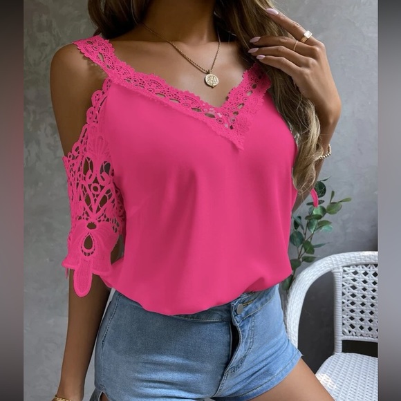 New!! Boho hot pink lace cold shoulder top - Picture 2 of 7